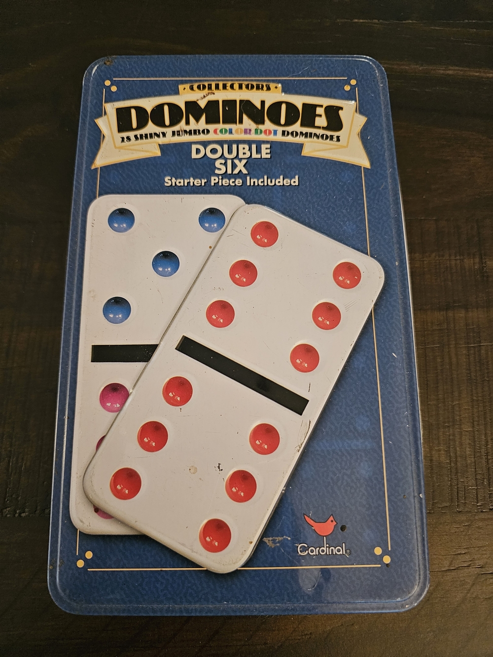 Collector's Double Six Dominoes Set - White Tiles with Red & Blue Dots